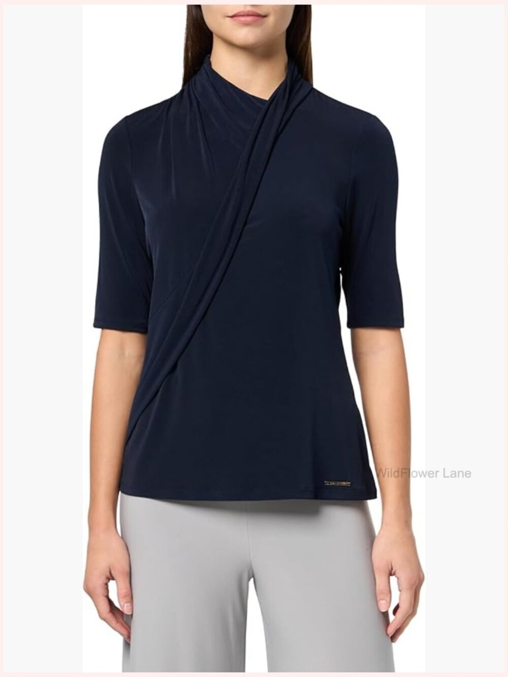 Draped Front Jersey Knit Half Sleeve Blouse Cowl Neck Blouse